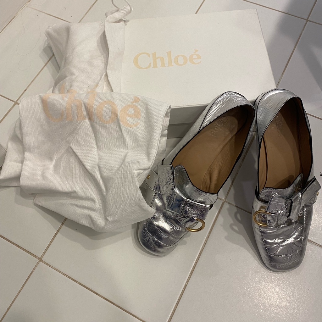 Chloe Metallic Silver Quincy Collapsable Heel Loafer Style Flats